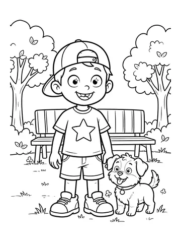 Desenho de tito com seu cachorrinho no parque para colorir