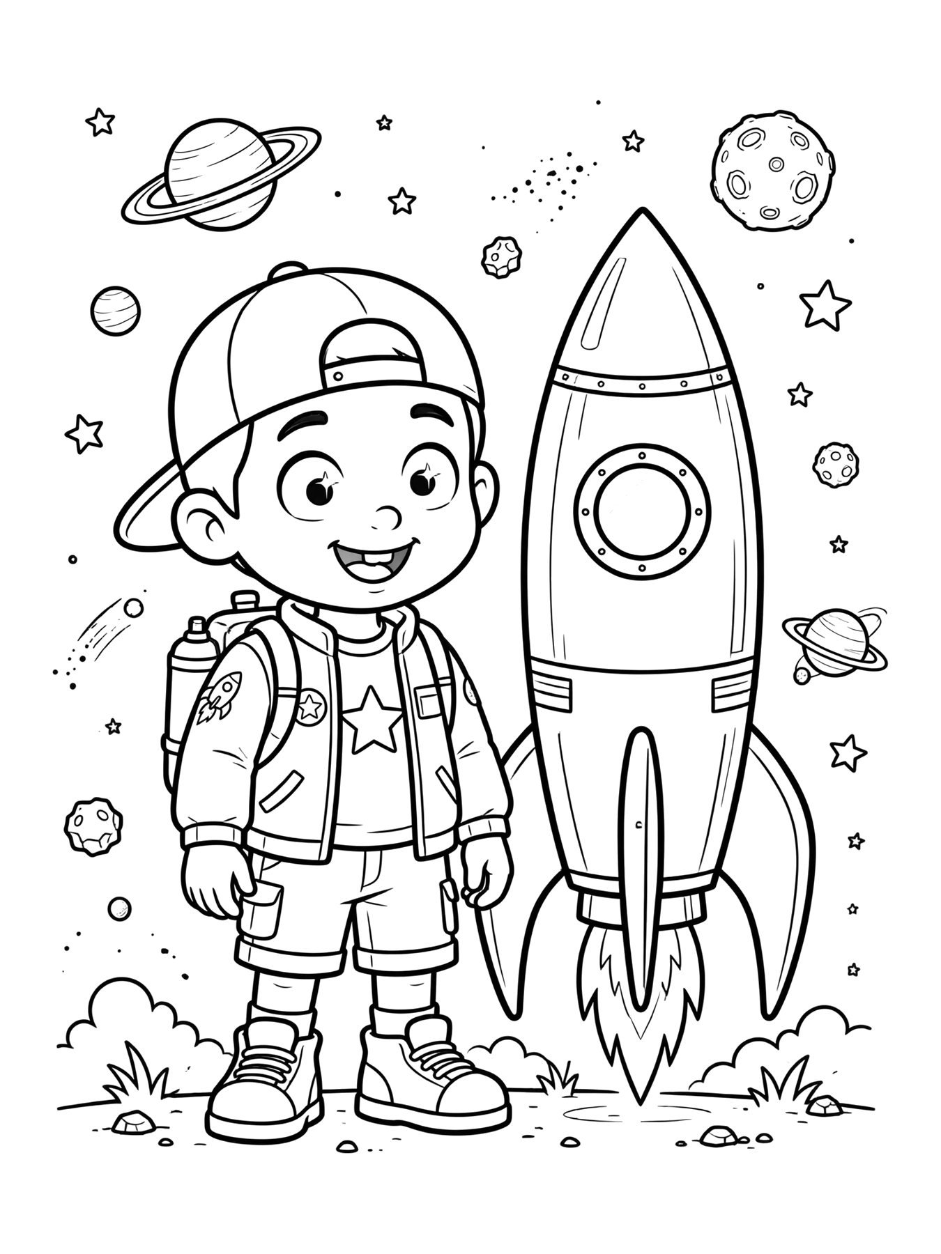 Desenho de tito de astronauta ao lado de um foguete para colorir