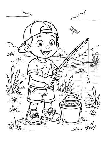 Desenho de tito pescando no lago com um balde para colorir