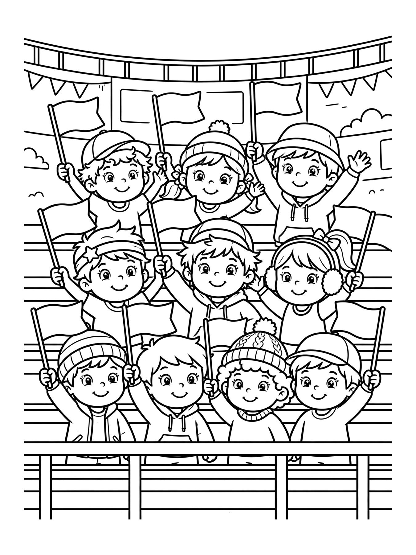 Desenho de torcida com bandeiras para colorir