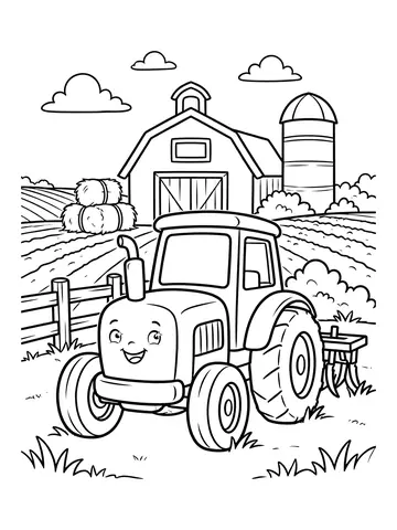 Desenho de trator sorridente na fazenda para colorir