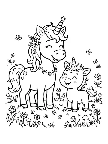Desenho de unicórnio bebê com mamãe para colorir