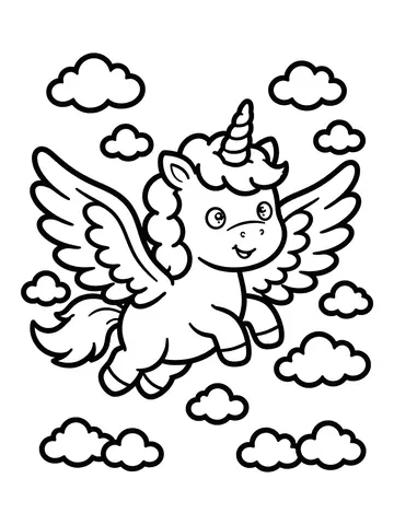 Desenho de unicórnio com asas voando para colorir