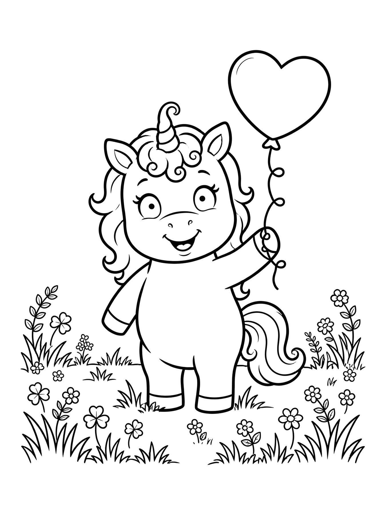 Desenho de unicórnio com balão em formato de coração para colorir