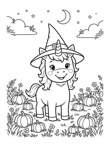 Desenho de unicórnio com chapéu de bruxa para colorir