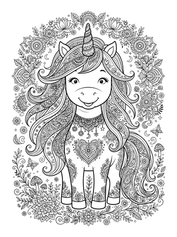 Desenho de unicórnio com mandala na crina para colorir