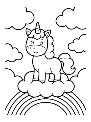 Desenho de unicórnio fofo nas nuvens com arco-íris para colorir