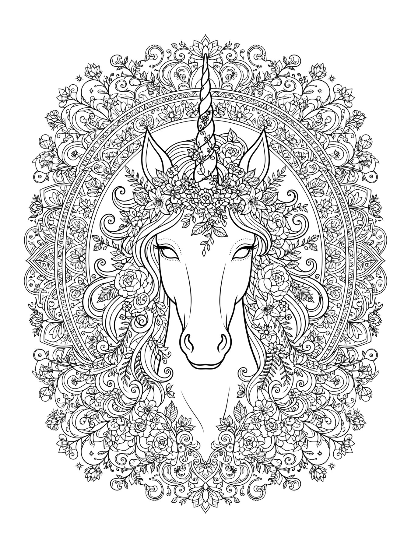 Desenho de unicórnio mandala detalhado para colorir
