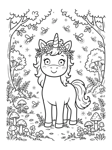 Desenho de unicórnio na floresta encantada para colorir