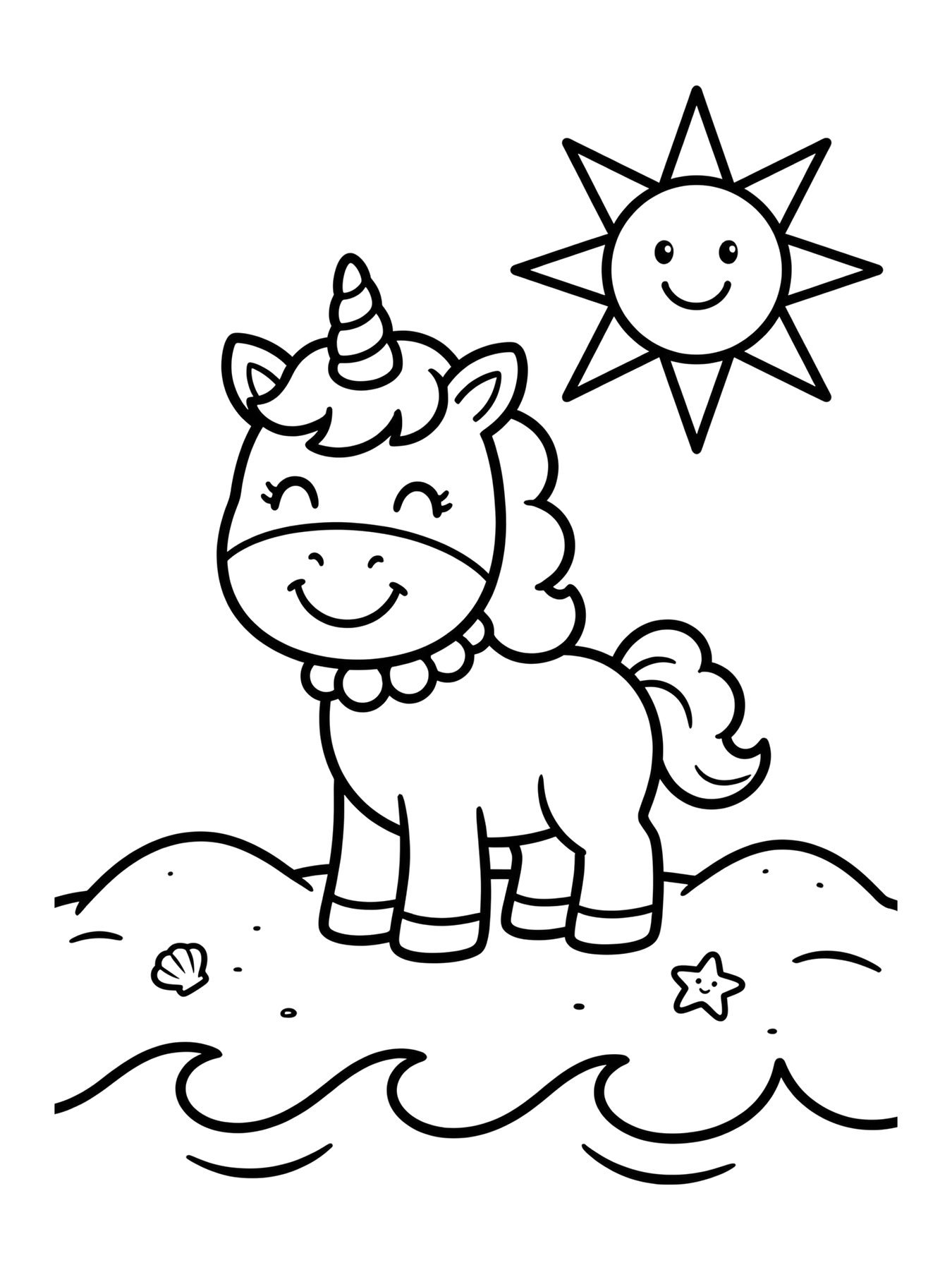 Desenho de unicórnio na praia para colorir