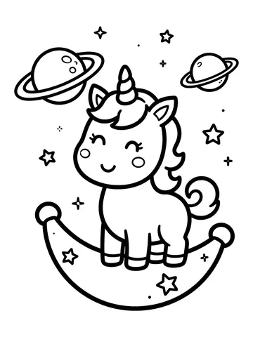 Desenho de unicórnio no espaço com planetas para colorir