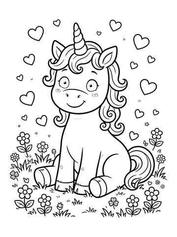 Desenho de unicórnio sentado com corações para colorir