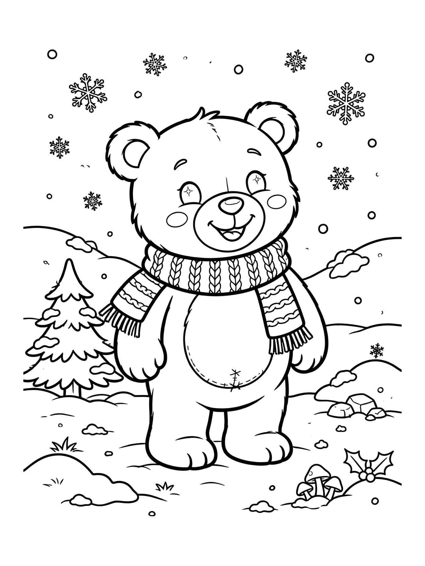 Desenho de ursinho com cachecol na neve para colorir