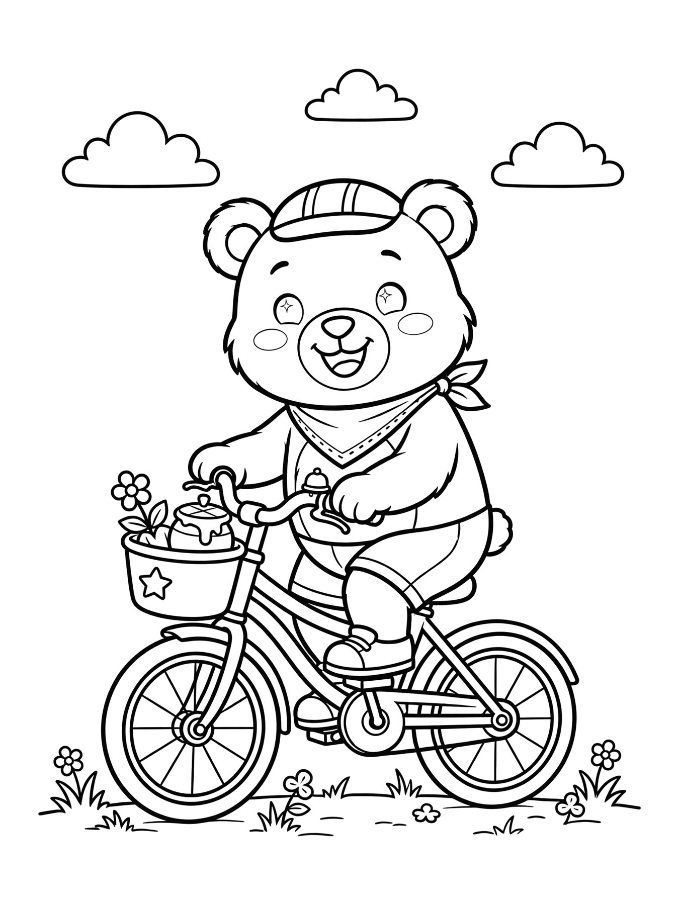 Desenho de urso andando de bicicleta para colorir