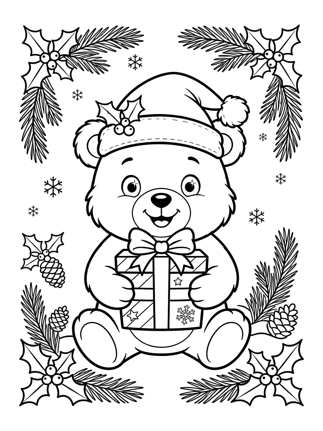 Desenho de urso com gorro de Natal e presente para colorir