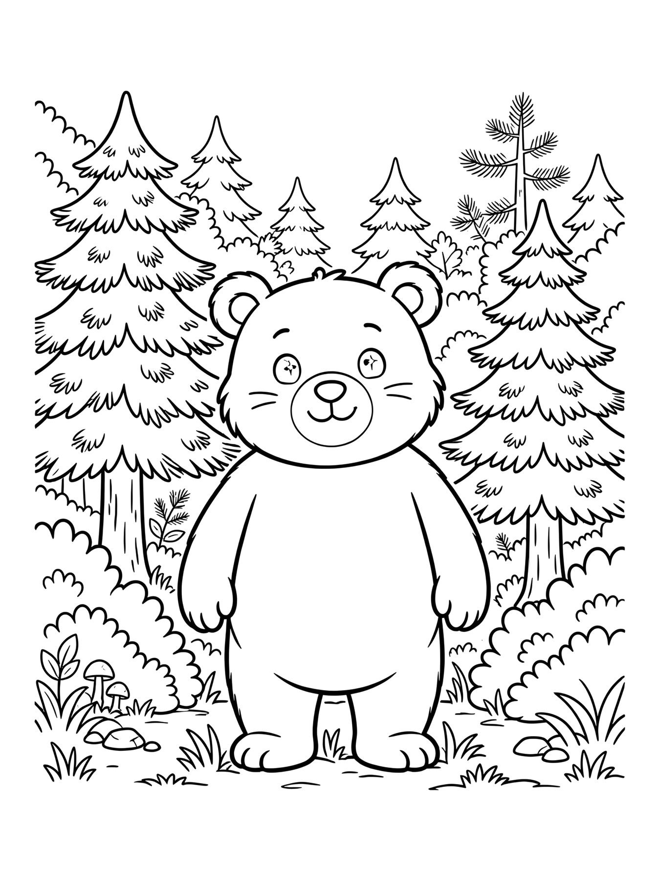 Desenho de urso pardo na floresta para colorir