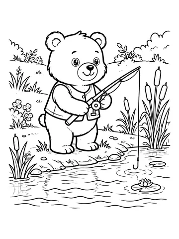 Desenho de urso pescando no rio para colorir