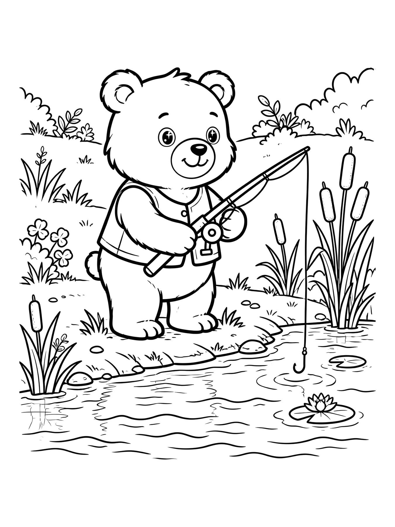 Desenho de urso pescando no rio para colorir