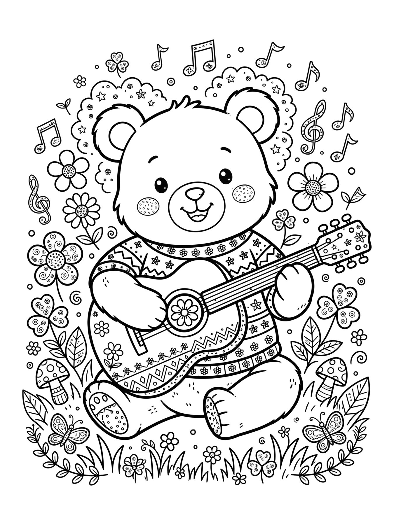 Desenho de urso tocando violão para colorir
