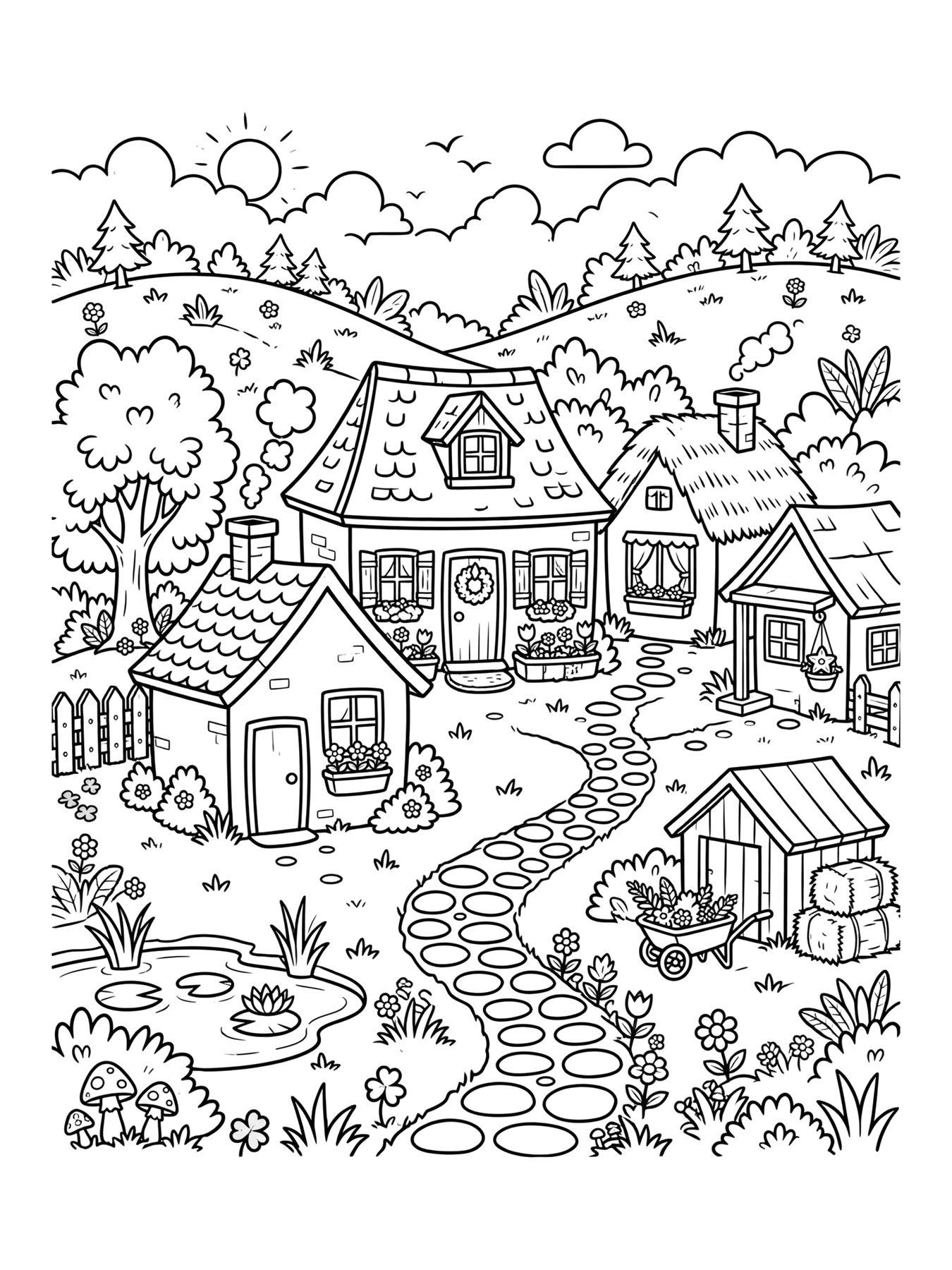 Desenho de vila com casas coloridas para colorir
