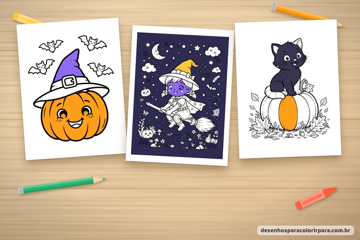 Desenhos de Halloween fofos coloridos: abóbora, bruxinha e gato preto