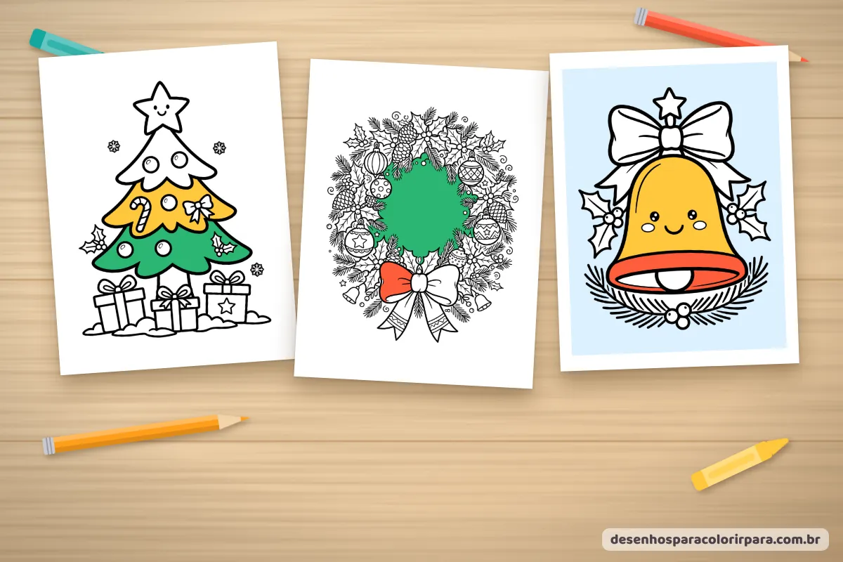 Desenhos de Natal coloridos: árvore, guirlanda e sino