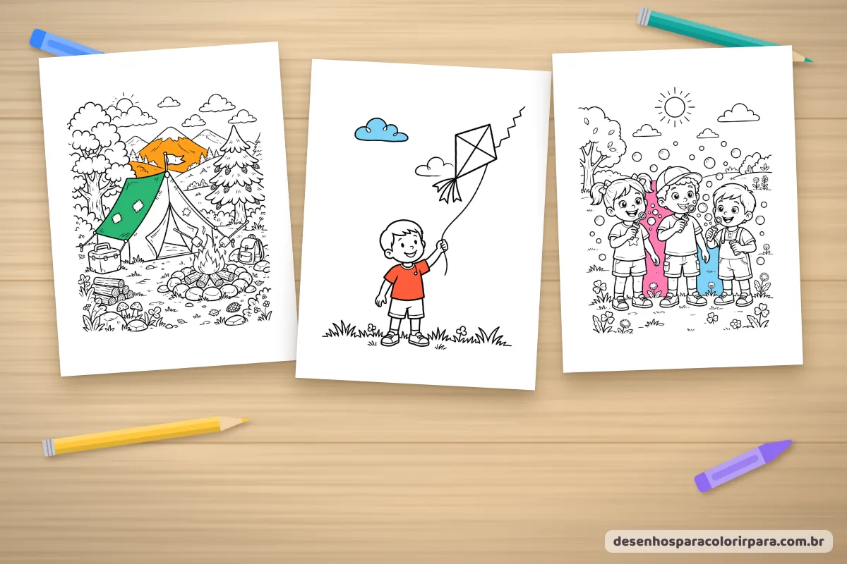 Desenhos coloridos de férias: acampamento, pipa e bolhas de sabão