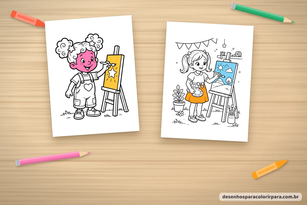 Desenhos de crianças pintando quadros, coloridos