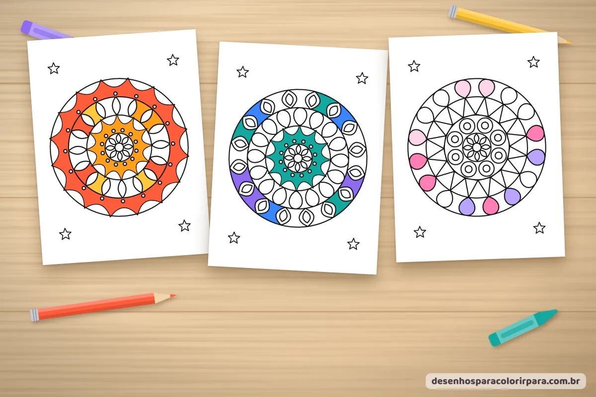 Três mandalas coloridas com paletas quente, fria e pastel