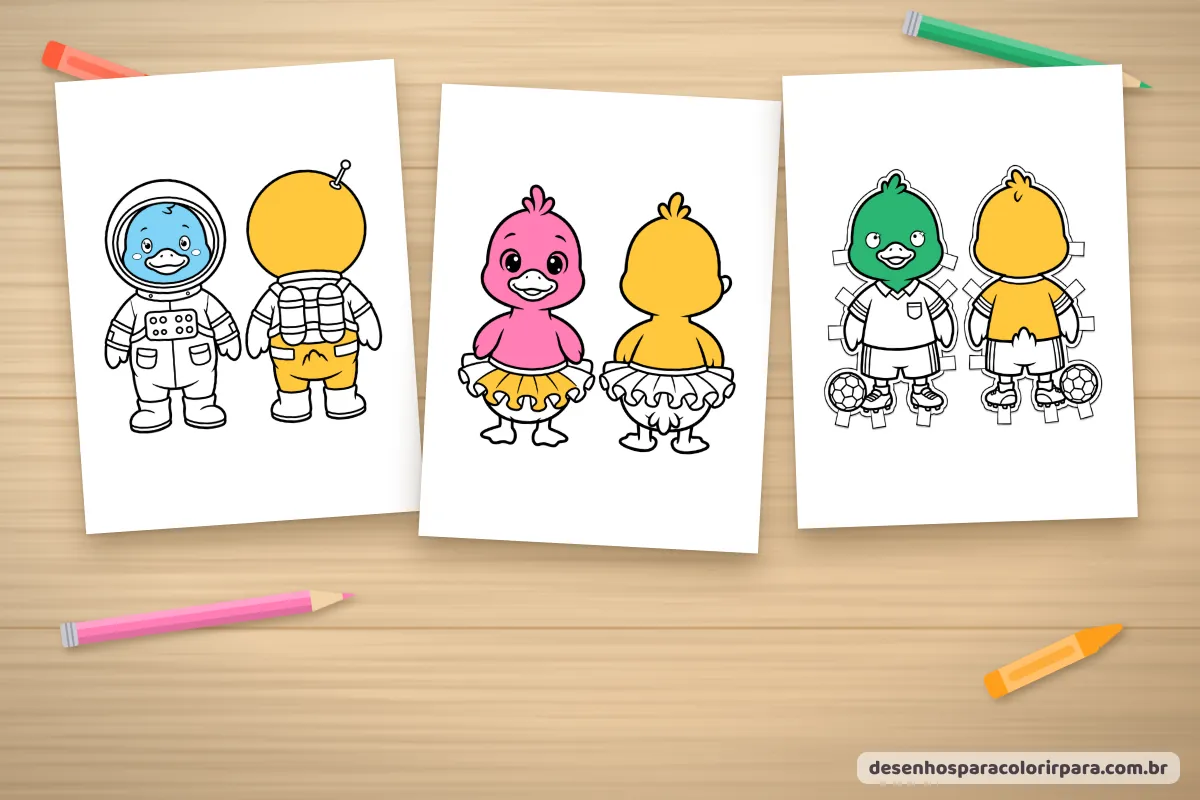 Paper duck com roupas de astronauta, bailarina e jogador de futebol, coloridos