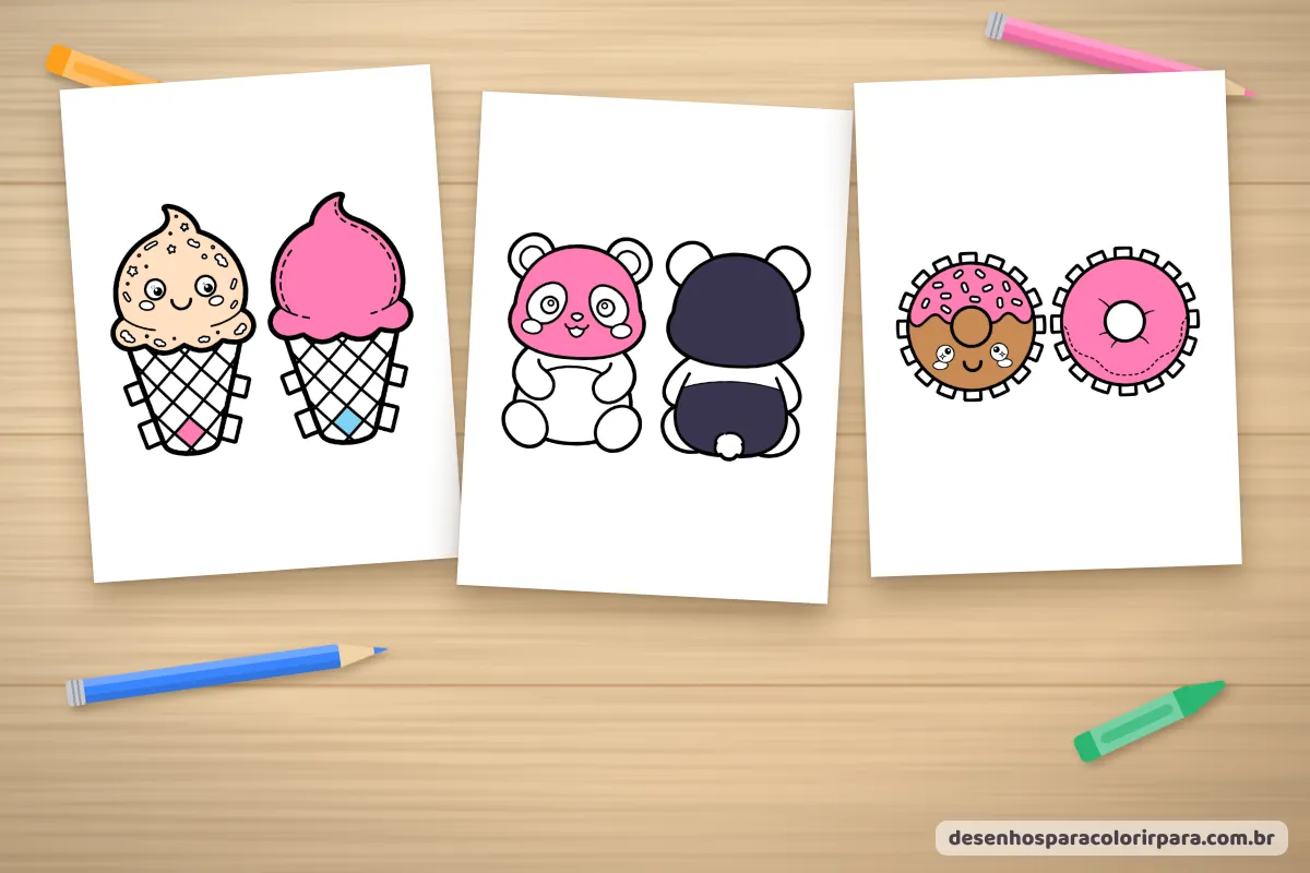 Moldes de paper squishy coloridos: sorvete, panda e donut