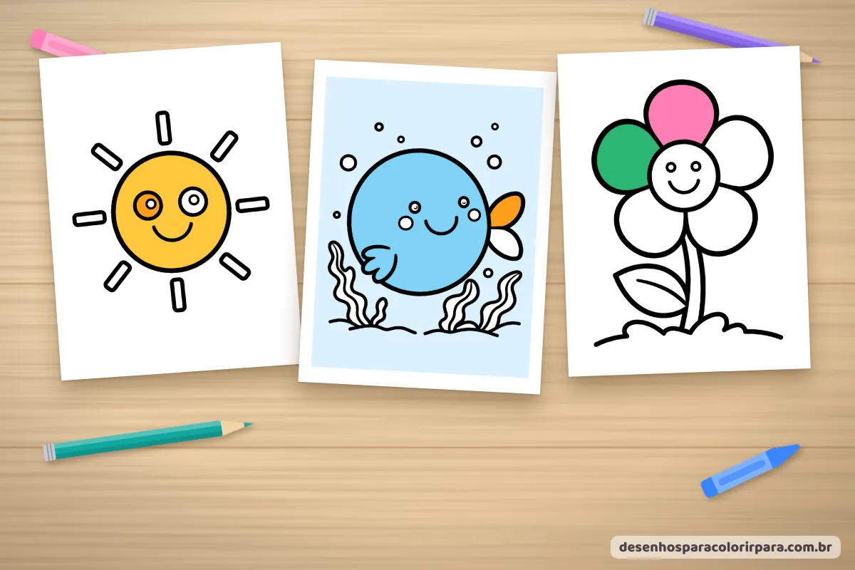 Desenhos simples de sol, peixe e flor pintados com giz de cera