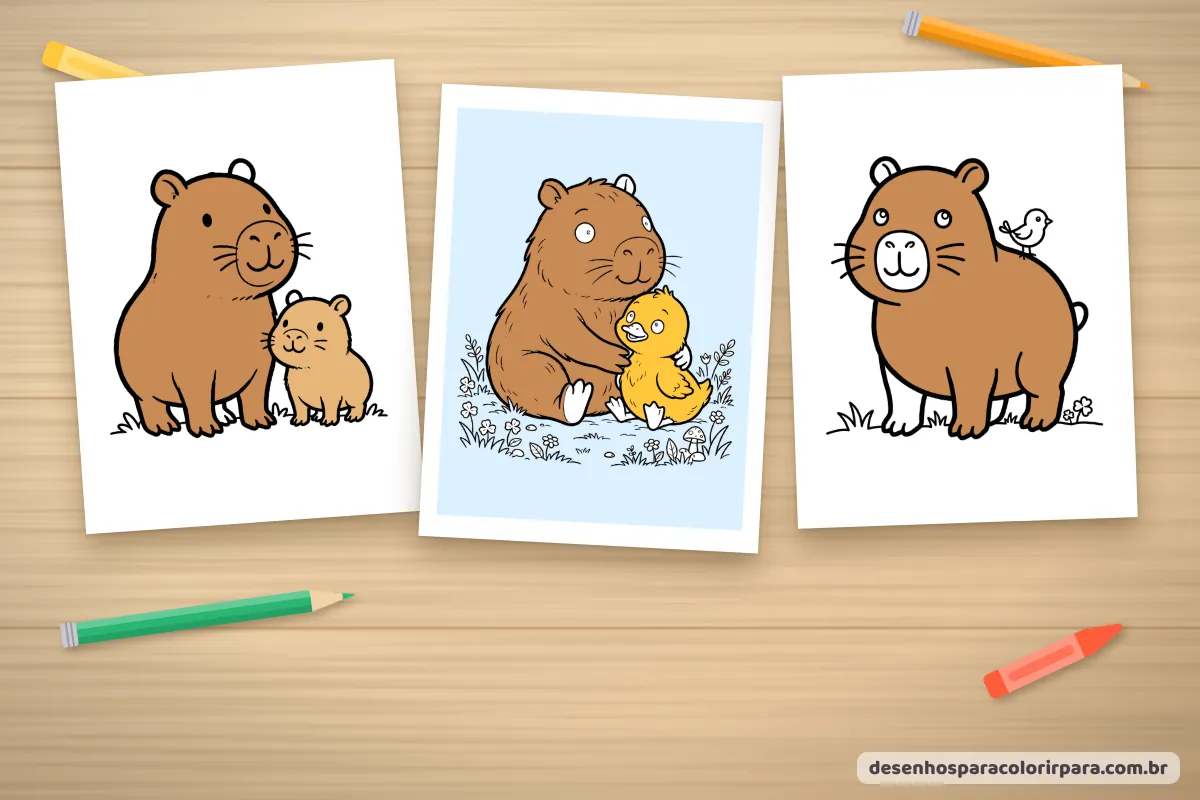 Desenhos de capivara coloridos: mãe com filhote, capivara com patinho e com passarinho